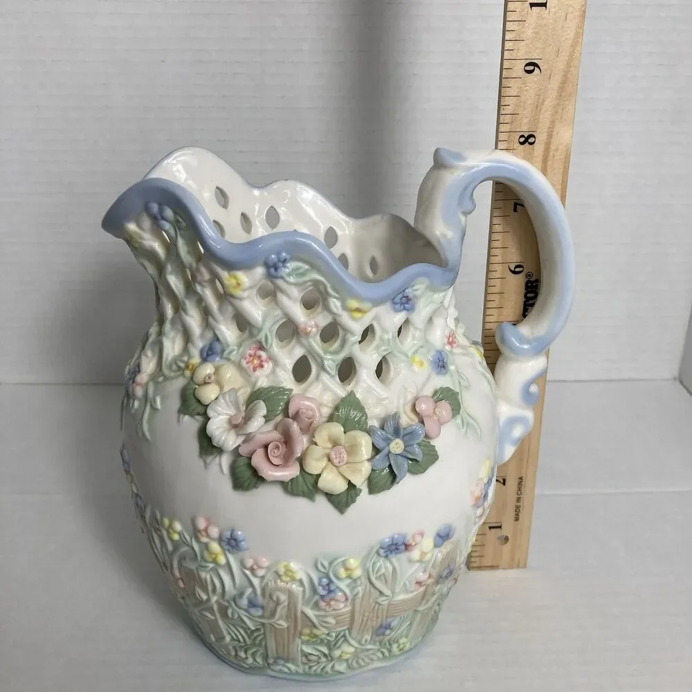 VTG Capodimonte Majolica Style Floral Porcelain Pitcher Spring Centerpiece